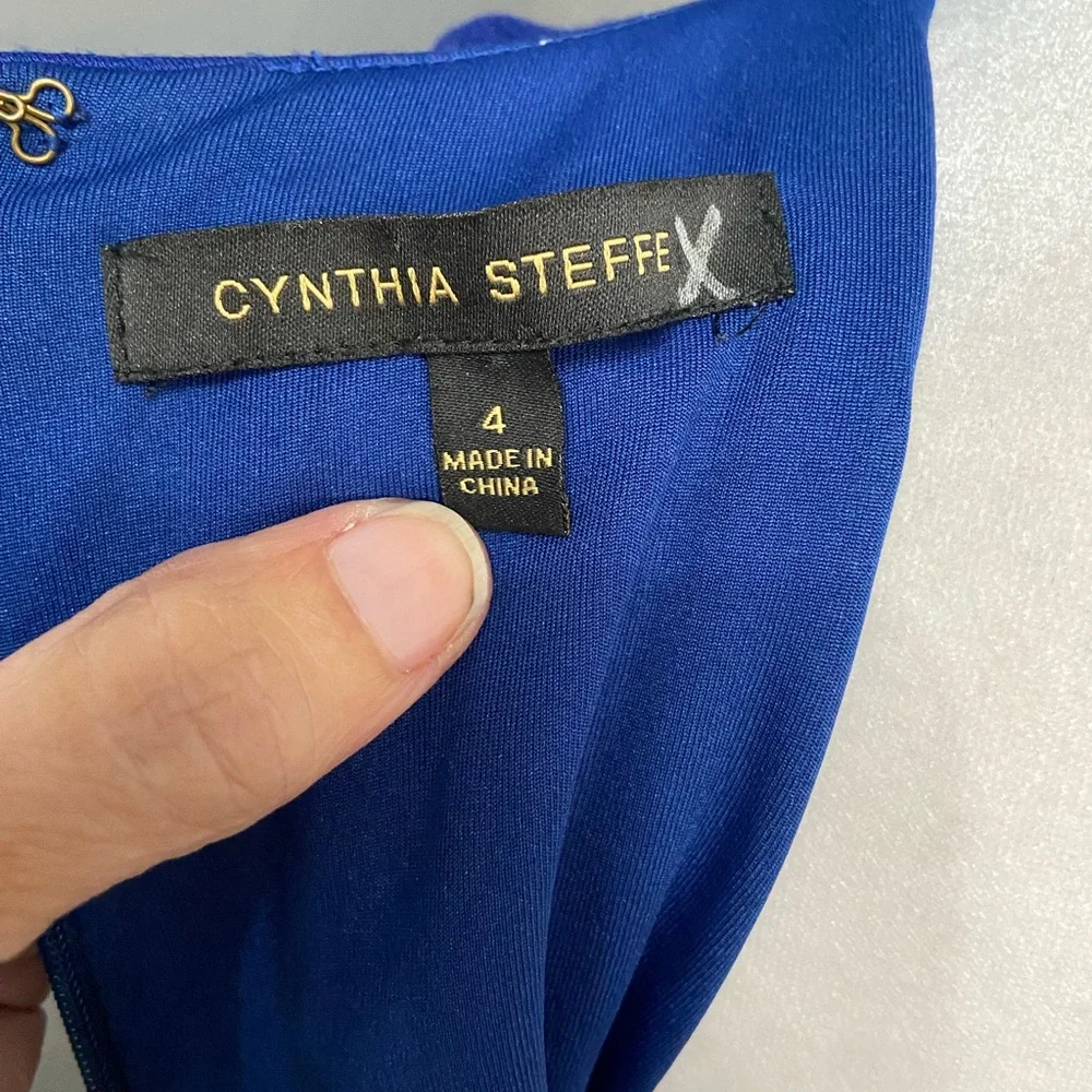 CYNTHIA STEFFE-Womens Blue Sheath Cocktail Dress 4 Floral Embellished Sleeveless - Picture 6 of 15